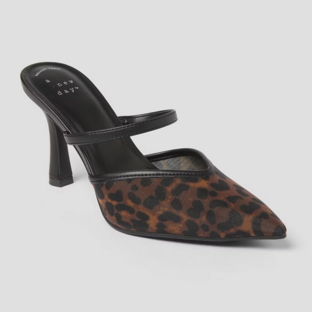 a new day Leopard Mesh Pointed Toe Mule Heels in Black and Brown
